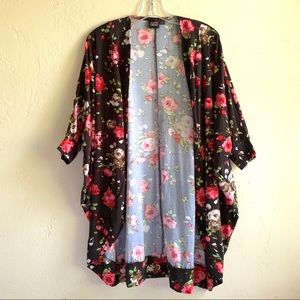 Black Red Floral Kimono Jacket Elbow Sleeves SzM
